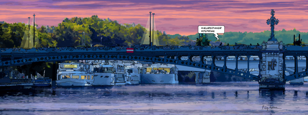 Pont bleu Lyon et la Saône au coucher du soleil — art Ligne Claire Lyon — Philippe Matine
