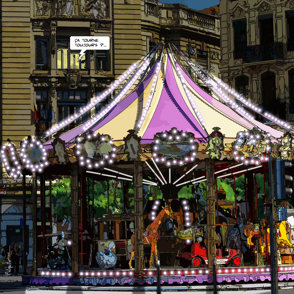 Manège coloré Lyon place animée — art Ligne Claire Lyon — Philippe Matine