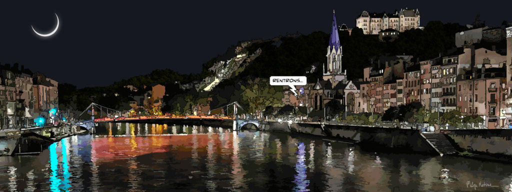Pont rouge Lyon la nuit — art Ligne Claire Lyon — Philippe Matine