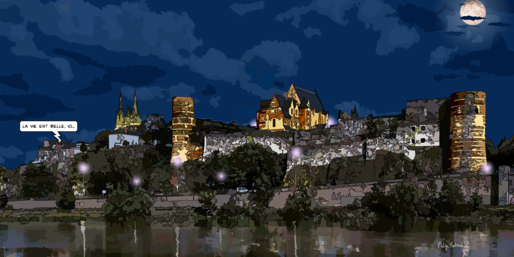 Château d'Angers illuminé la nuit — art Ligne Claire Angers — Philippe Matine