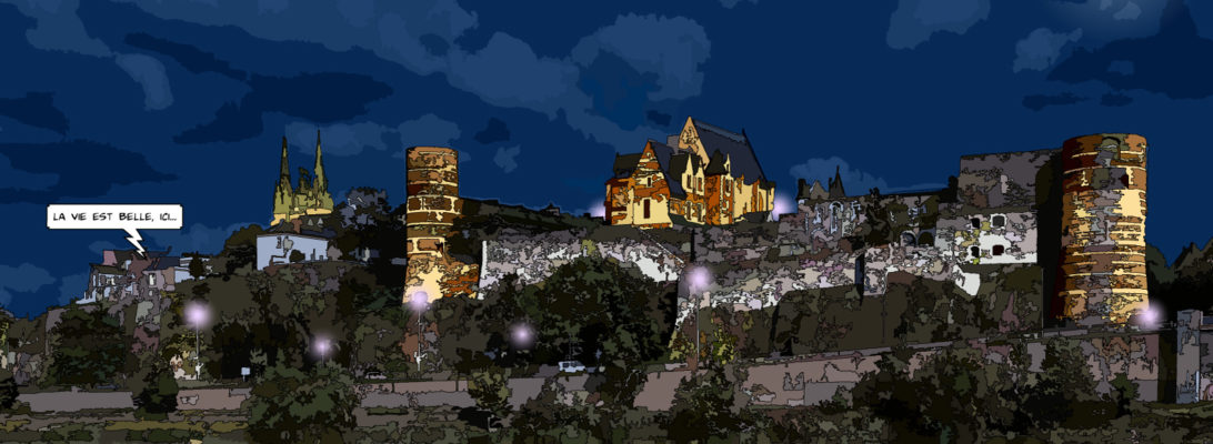 Château d'Angers illuminé la nuit — art Ligne Claire Angers — Philippe Matine