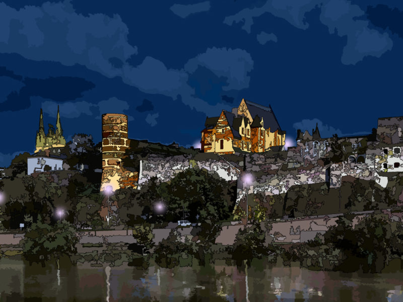 Château d'Angers illuminé la nuit — art Ligne Claire Angers — Philippe Matine