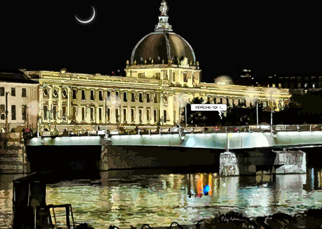 Hôtel-Dieu Lyon façade illuminée la nuit — art Ligne Claire Lyon — Philippe Matine