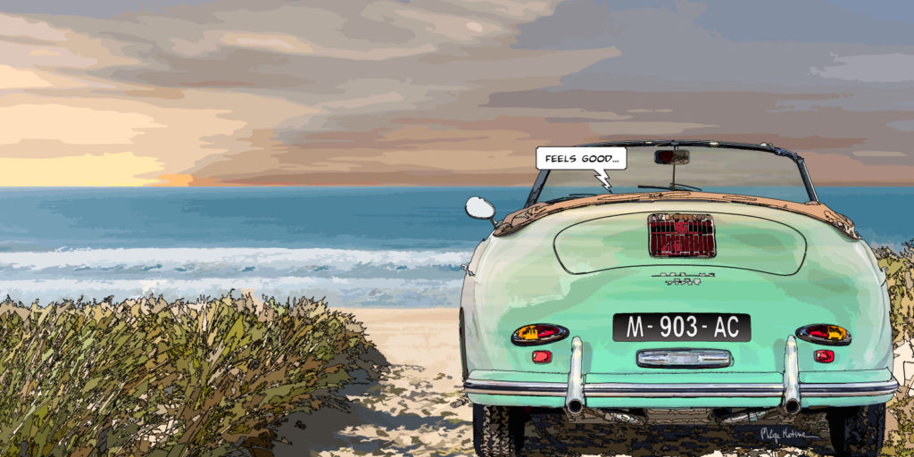 Porsche 356 sur une plage — art Ligne Claire Motors — Philippe Matine
