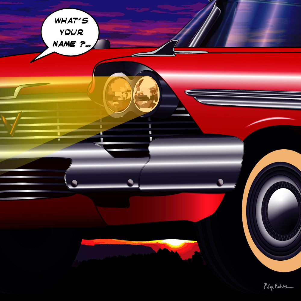 Christine voiture rouge muscle car — art Ligne Claire Motors — Philippe Matine