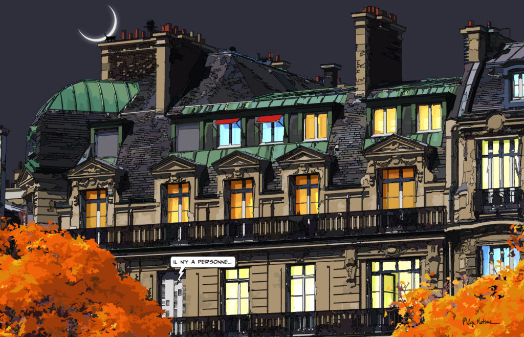 Boulevard Haussmann Paris la nuit — art Ligne Claire Paris — Philippe Matine