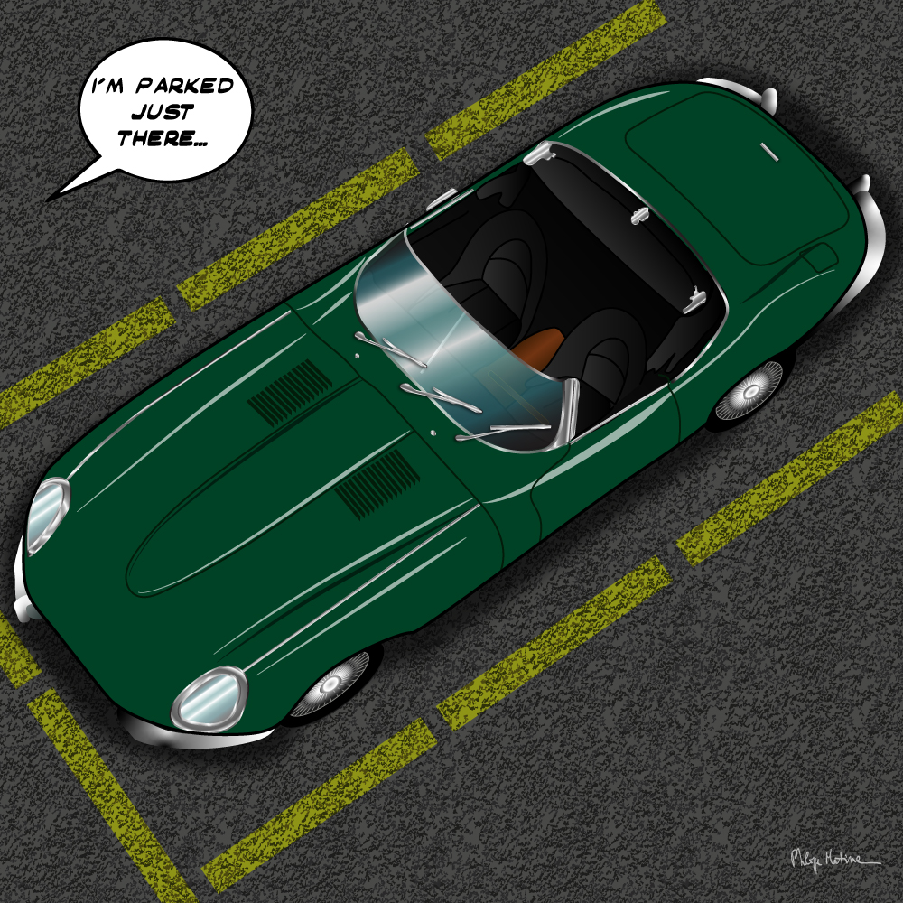 Jaguar Type E verte parking — art Ligne Claire Motors — Philippe Matine
