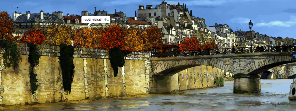 Pont de l'Archevêché Paris en automne — art Ligne Claire Paris — Philippe Matine