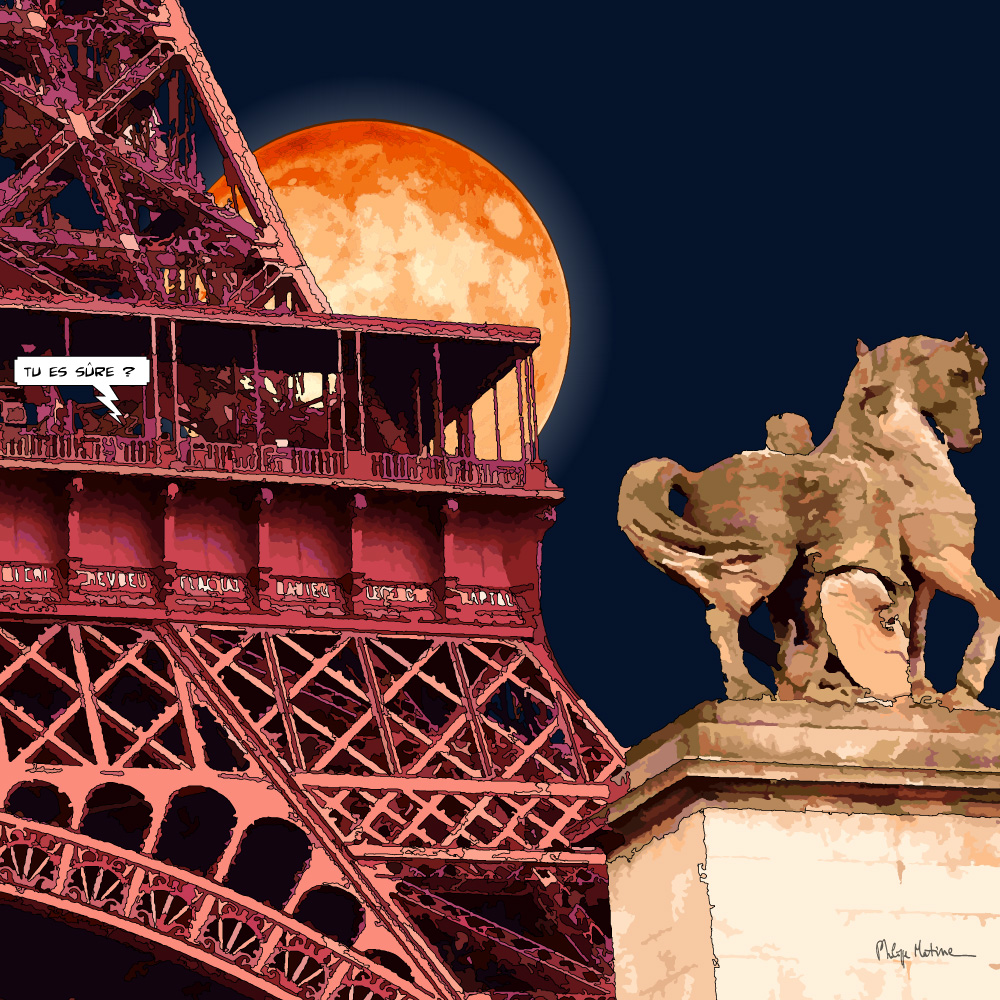 Tour Eiffel sous la super lune rouge — art Ligne Claire Paris — Philippe Matine