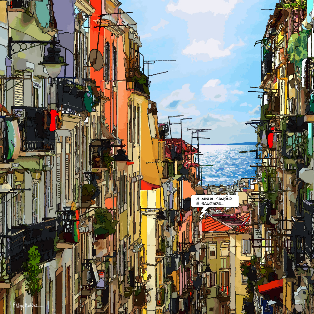 Rue colorée de Lisbonne quartier historique — art Ligne Claire Portugal — Philippe Matine