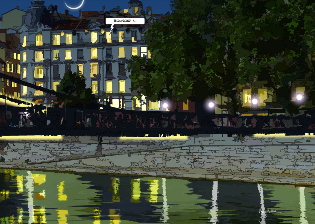 Quai Saint-Vincent Lyon diptyque de nuit — art Ligne Claire Lyon — Philippe Matine