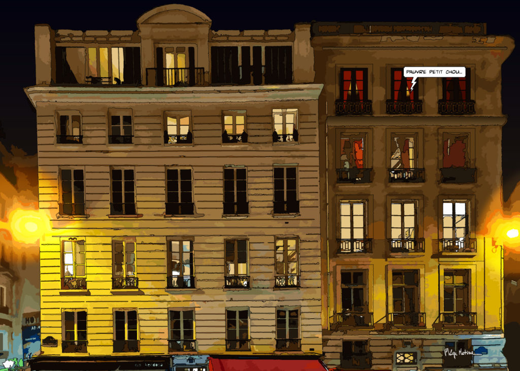Immeuble haussmannien doré Paris soir — art Ligne Claire Paris — Philippe Matine