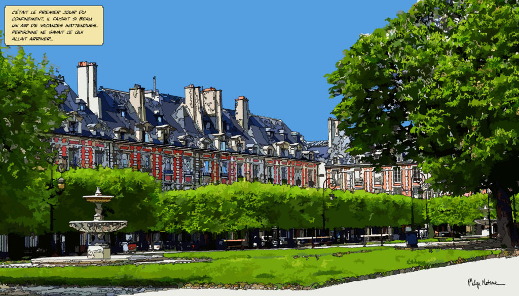 Place des Vosges Paris sous ciel bleu — art Ligne Claire Paris — Philippe Matine