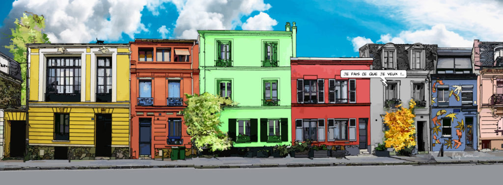 Rue colorée du XIIIe arrondissement de Paris — art Ligne Claire Paris — Philippe Matine
