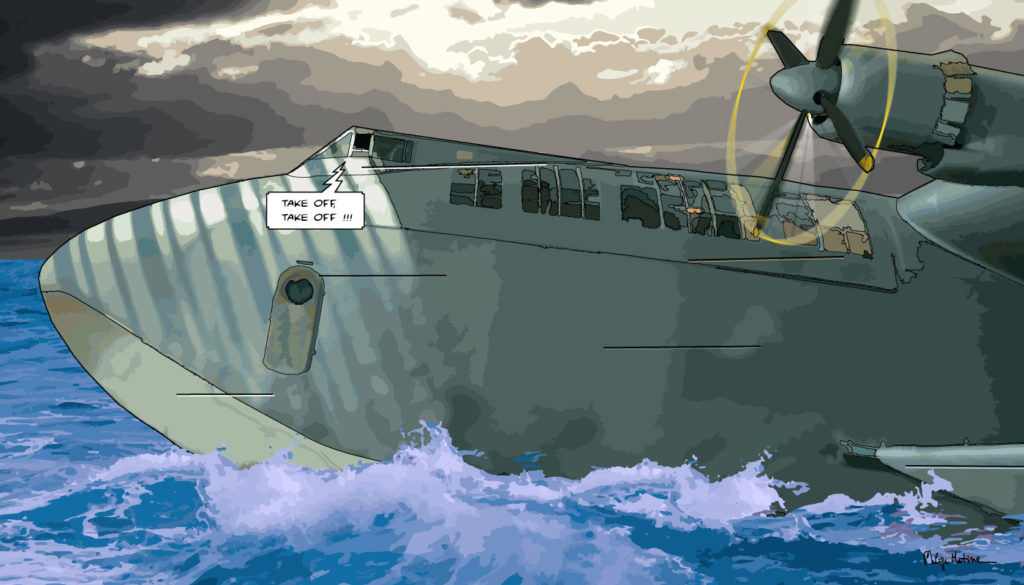 Hydravion Spruce Goose Hughes en mer — art Ligne Claire Motors — Philippe Matine