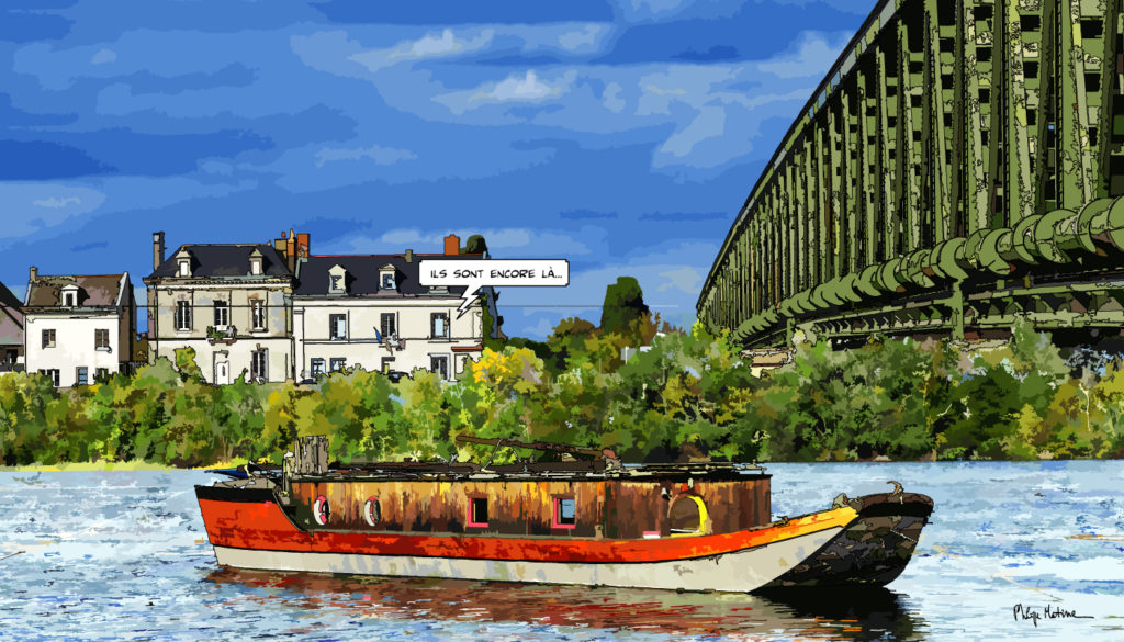 Gabarre sur la Maine Angers — art Ligne Claire Angers — Philippe Matine