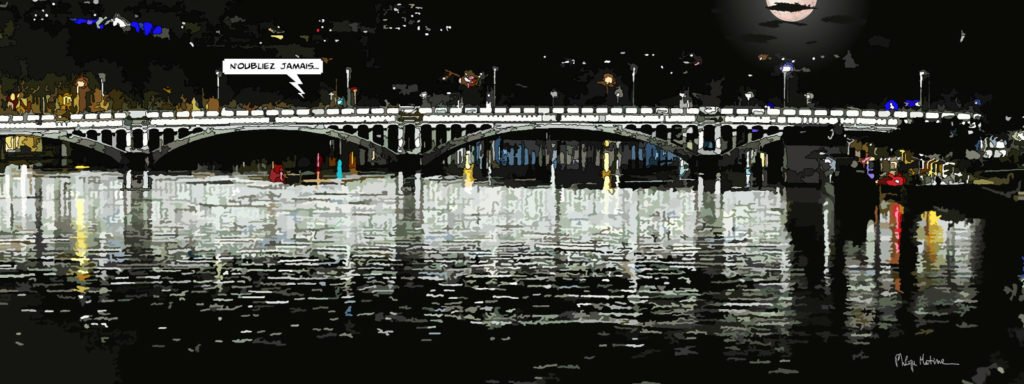 Pont Wilson Lyon la nuit reflets sur la Saône — art Ligne Claire Lyon — Philippe Matine