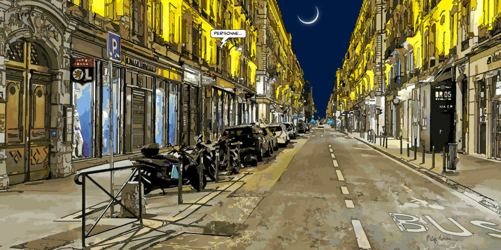 Rue dorée Lyon nocturne — art Ligne Claire Lyon — Philippe Matine