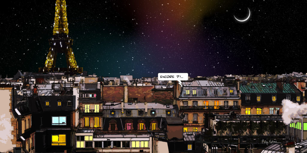 Vue nocturne de Paris depuis les toits — art Ligne Claire Paris — Philippe Matine