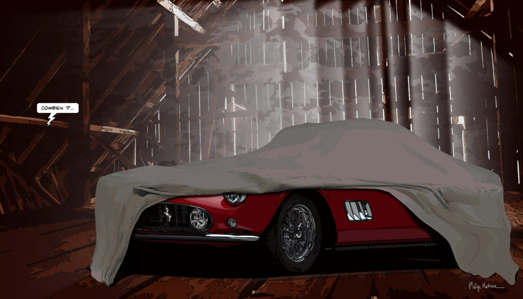 Ferrari California rouge dans une grange — art Ligne Claire Motors — Philippe Matine