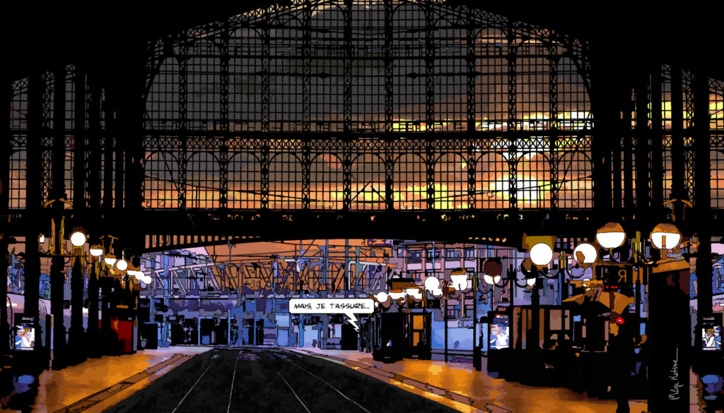 Gare du Nord Paris sous le soleil — art Ligne Claire Paris — Philippe Matine