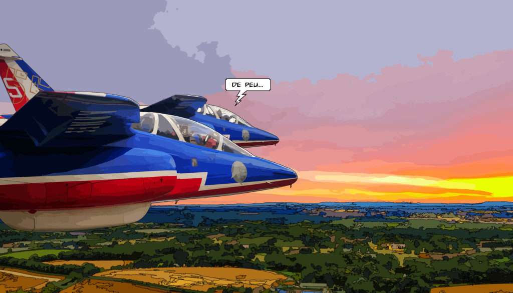 Patrouille de France avions au coucher du soleil — art Ligne Claire Motors — Philippe Matine
