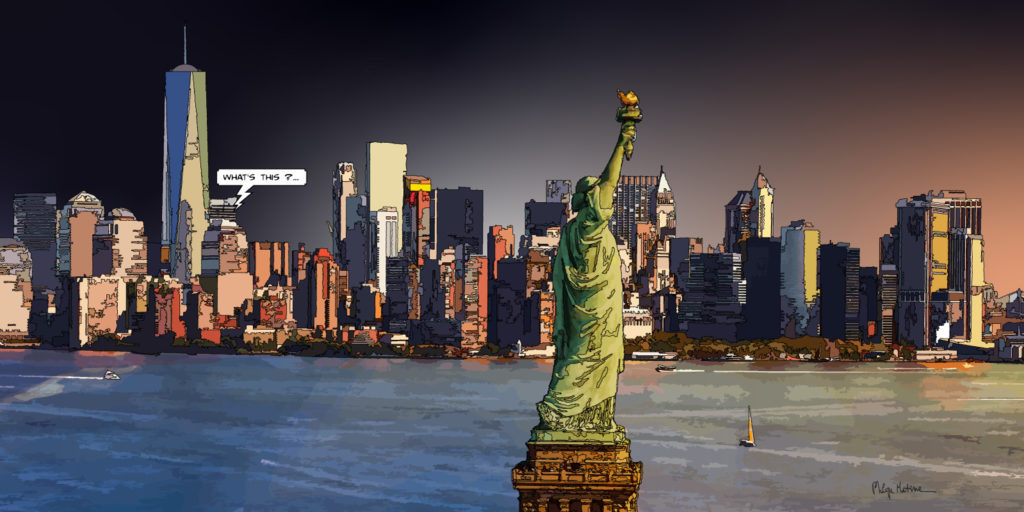 Statue de la Liberté New York coucher de soleil — art Ligne Claire New York — Philippe Matine
