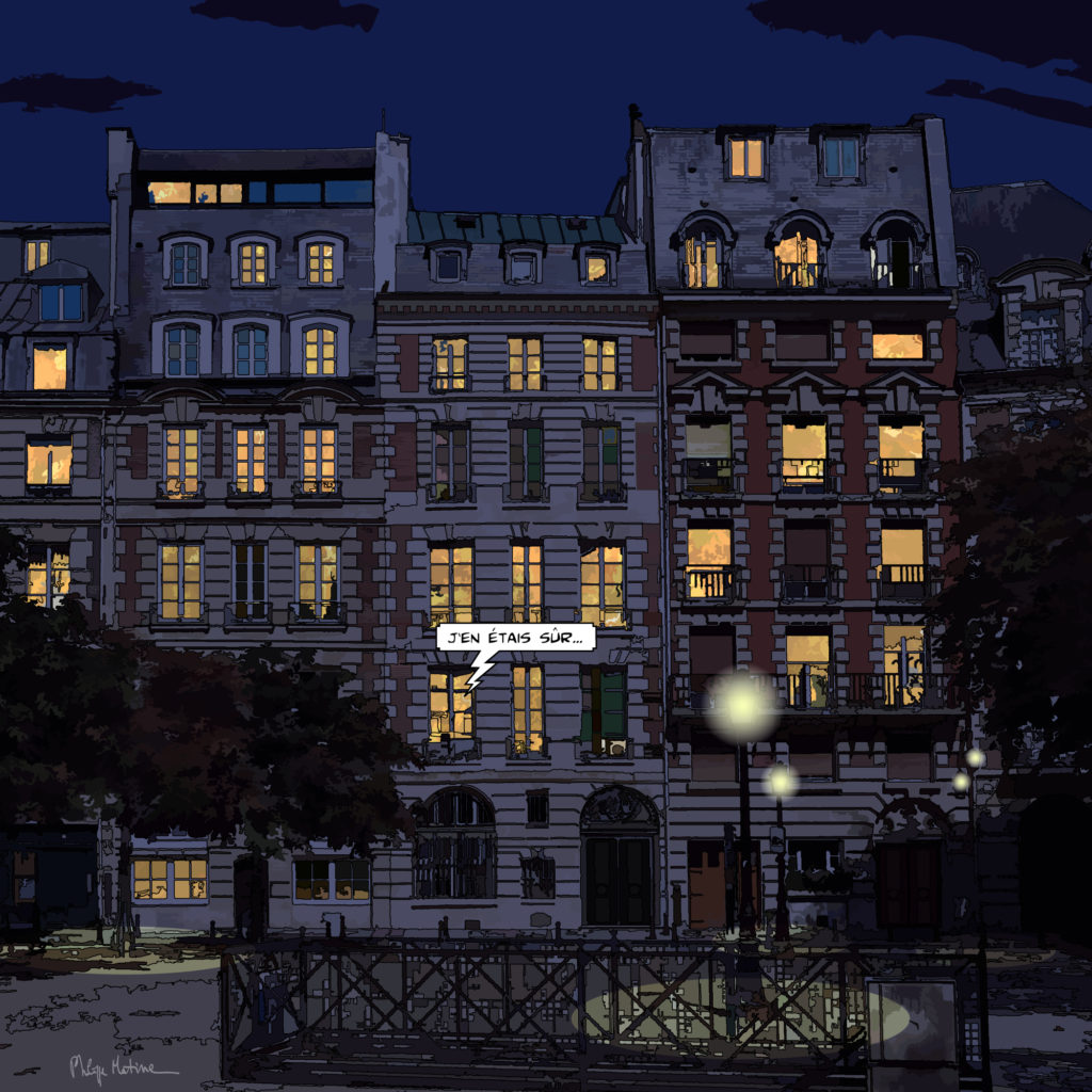Place Dauphine Paris la nuit — art Ligne Claire Paris — Philippe Matine