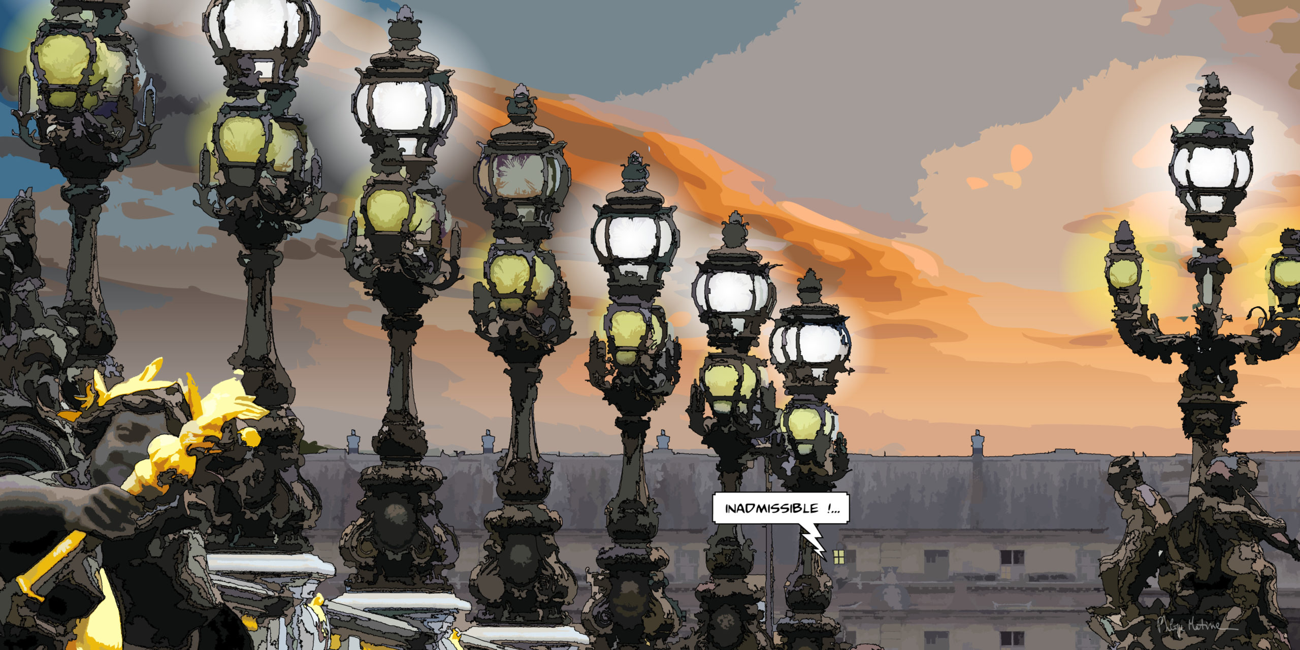 Lampadaires parisiens anciens sous ciel orageux — art Ligne Claire Paris — Philippe Matine
