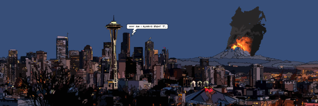 Seattle et le Mont Rainier vue panoramique — art Ligne Claire West — Philippe Matine