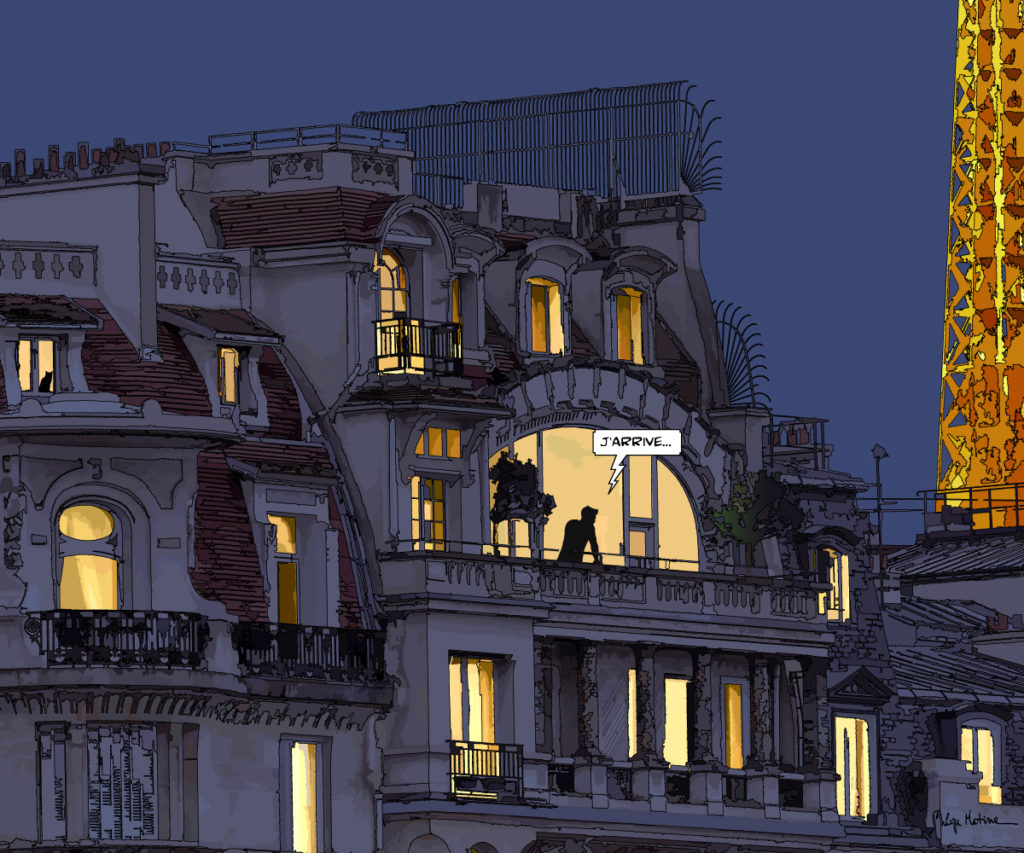 Appartement à Paris vue nocturne depuis la Seine — art Ligne Claire Paris — Philippe Matine