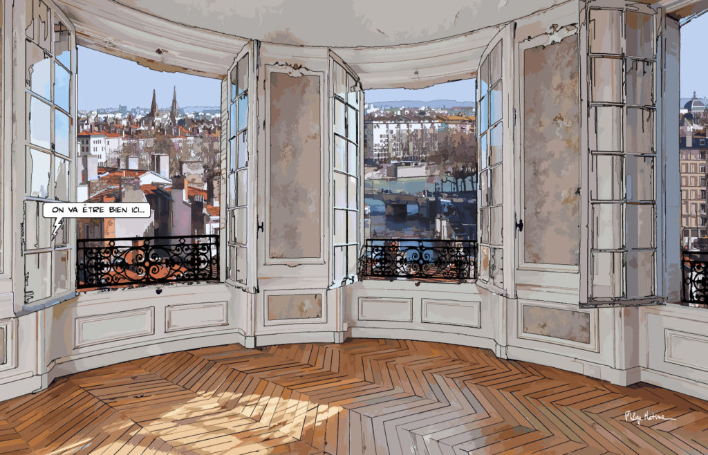 Salon arrondi avec vue sur Lyon — art Ligne Claire Lyon — Philippe Matine