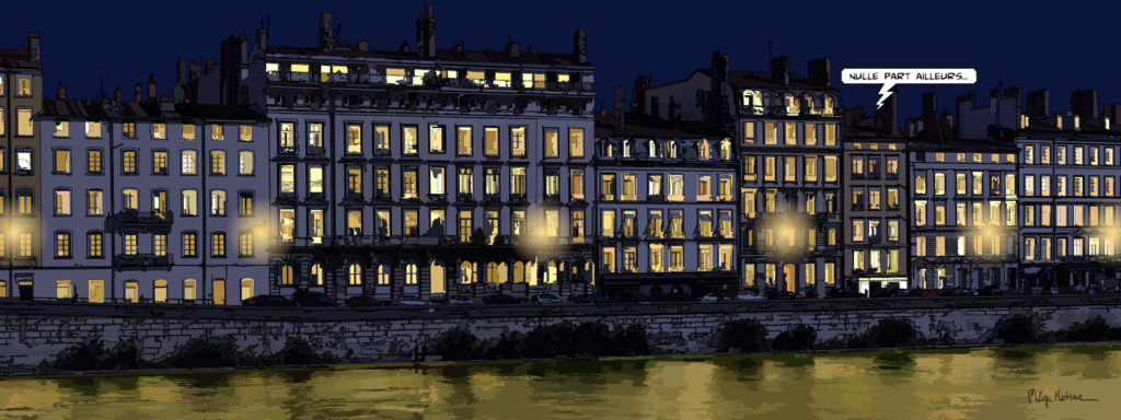 Quais de Saône Lyon illuminés la nuit — art Ligne Claire Lyon — Philippe Matine
