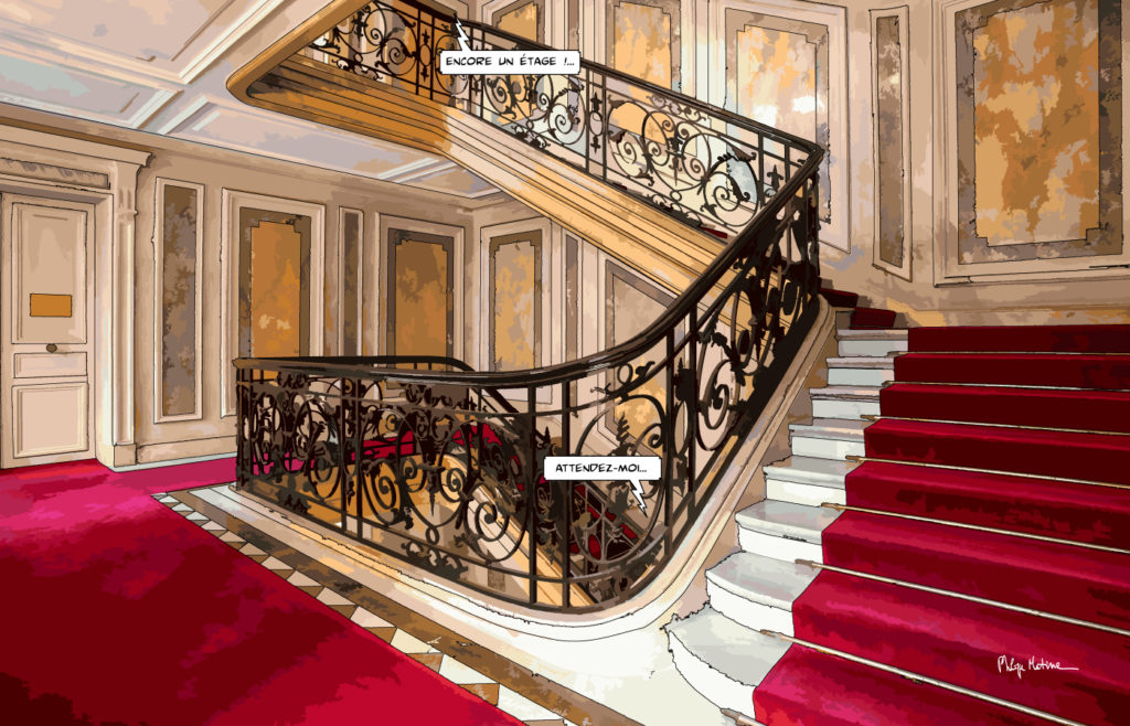 Escalier rouge monumental d'un palace parisien — art Ligne Claire Paris — Philippe Matine