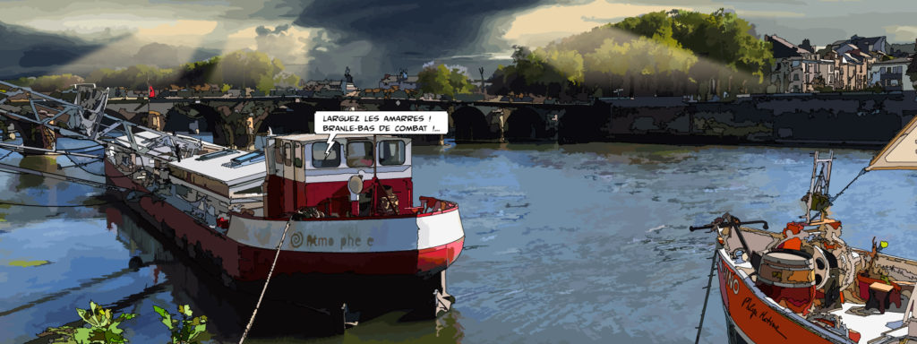 Bords de Maine Angers bateaux amarrés — art Ligne Claire Angers — Philippe Matine