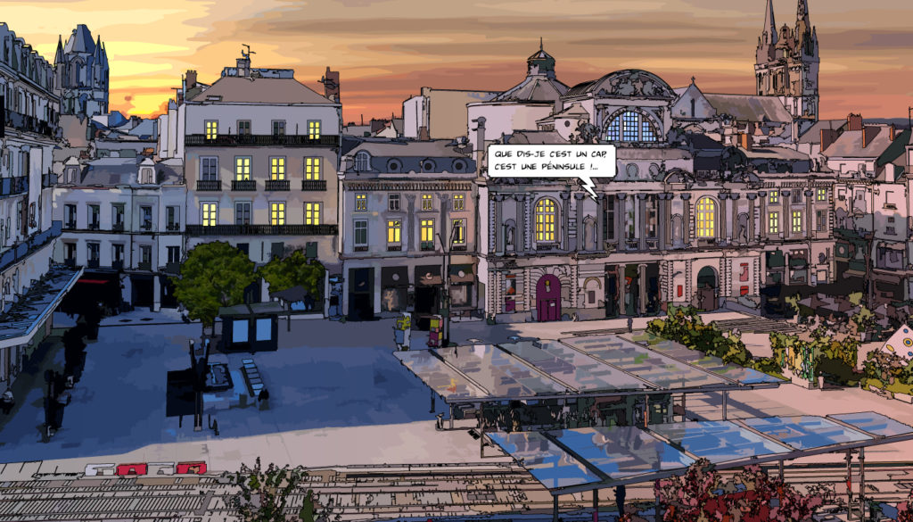 Place du Ralliement Angers soirée animée — art Ligne Claire Angers — Philippe Matine