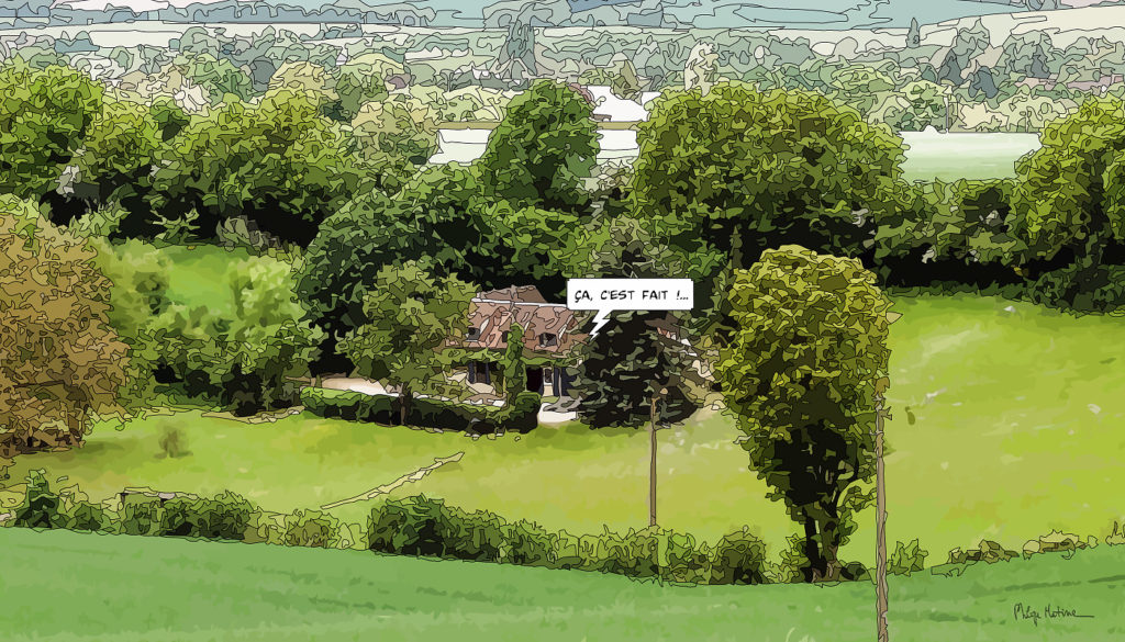 Maison percheronne prairie et ciel — art Ligne Claire Le Perche — Philippe Matine