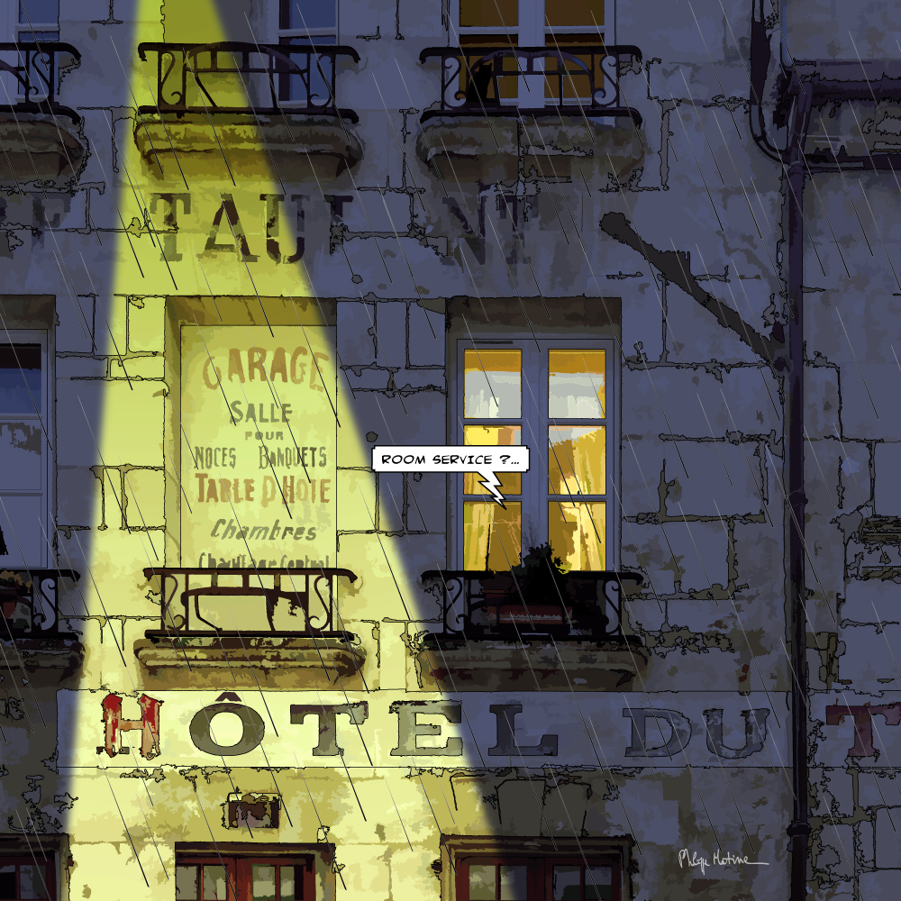 Hôtel du Tribunal de Mortagne-au-Perche la nuit — art Ligne Claire Le Perche — Philippe Matine