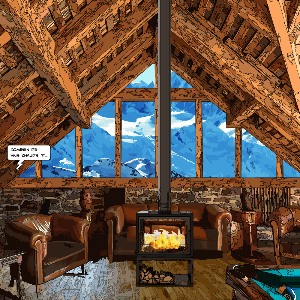 Salon de chalet montagne intérieur cosy — art Ligne Claire Montagne — Philippe Matine