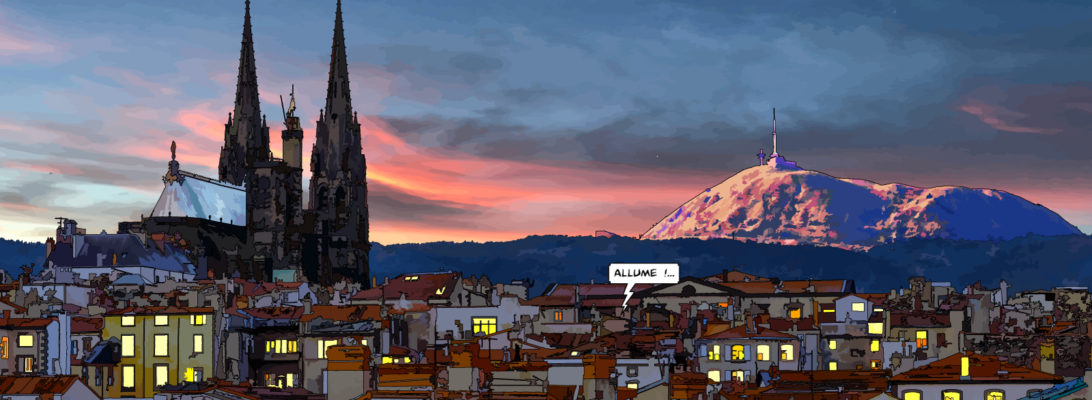 Toits de Clermont-Ferrand vue panoramique — art Ligne Claire Auvergne — Philippe Matine