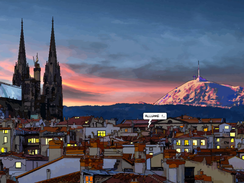 Toits de Clermont-Ferrand vue panoramique — art Ligne Claire Auvergne — Philippe Matine