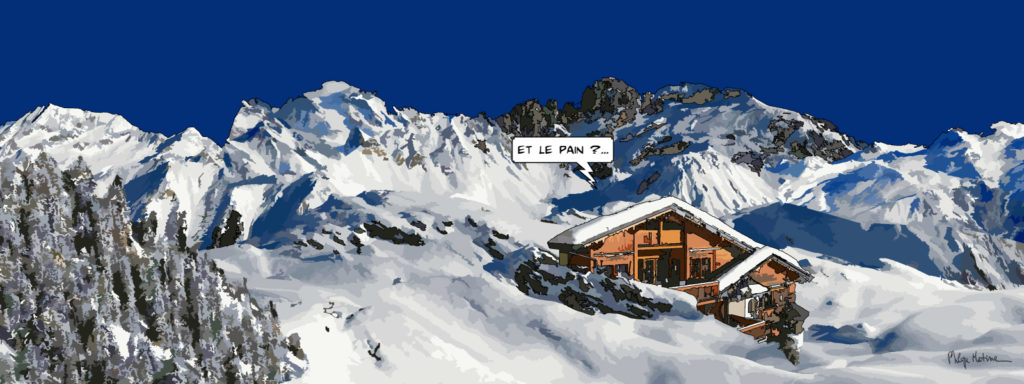 Refuge de montagne enneigé sous ciel étoilé — art Ligne Claire Montagne — Philippe Matine