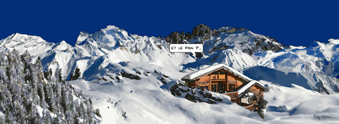 Refuge de montagne enneigé sous ciel étoilé — art Ligne Claire Montagne — Philippe Matine