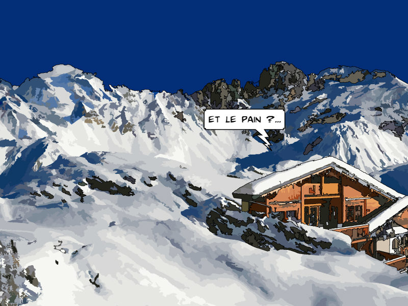 Refuge de montagne enneigé sous ciel étoilé — art Ligne Claire Montagne — Philippe Matine