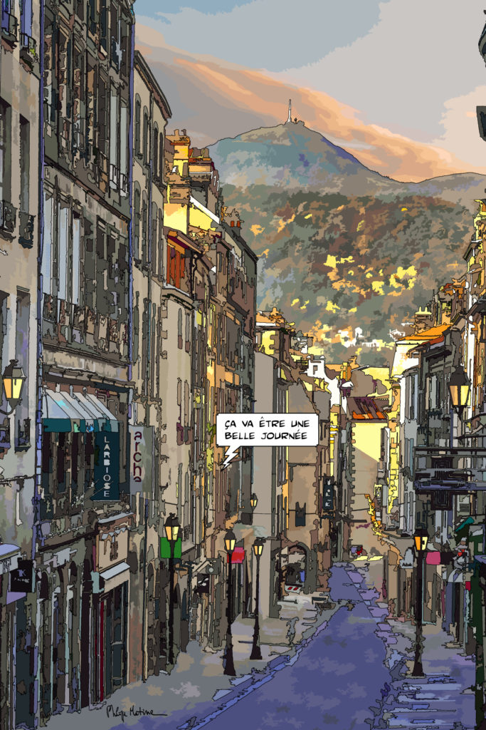 Rue des Gras, Clermont-Ferrand soir — art Ligne Claire Auvergne — Philippe Matine