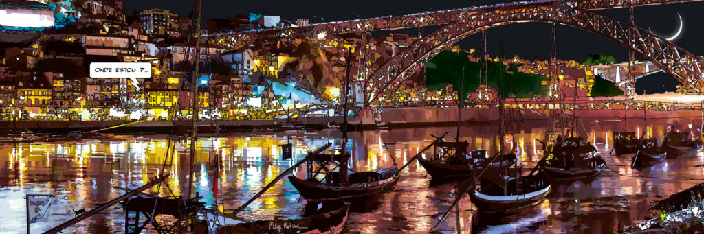 Porto la nuit reflets sur le Douro — art Ligne Claire Portugal — Philippe Matine