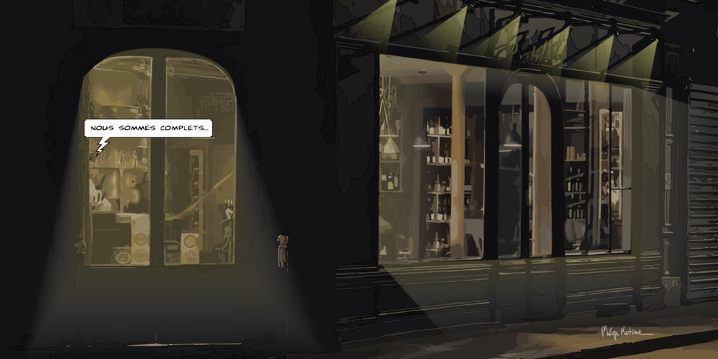 Café parisien sombre et mystérieux — art Ligne Claire Paris — Philippe Matine