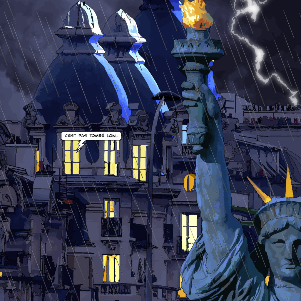 Statue de la Liberté à Passy Paris la nuit — art Ligne Claire Paris — Philippe Matine
