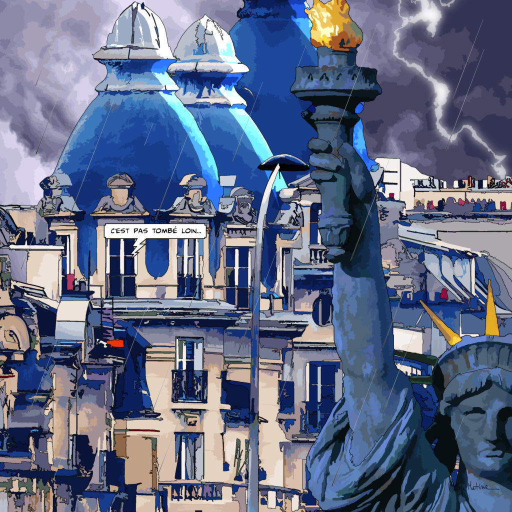 Statue de la Liberté à Passy Paris en fête — art Ligne Claire Paris — Philippe Matine