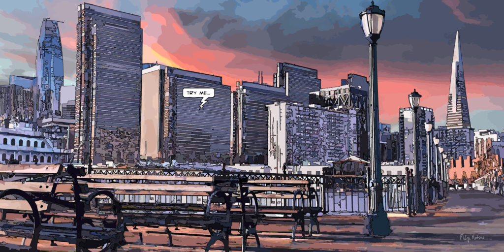 San Francisco skyline coucher de soleil — art Ligne Claire San Francisco — Philippe Matine